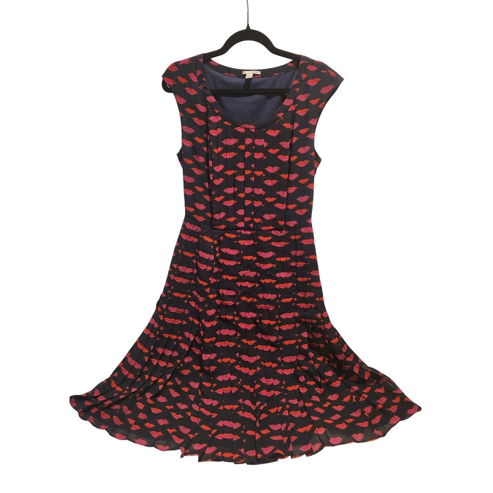 Halogen Kiss Lips Pleated Fit and Flare Dress Navy Pink Size 8